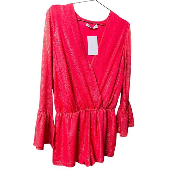 Amanda Uprichard NEW Seraphina Silk Romper Coral Gold Bell Sleeves Size Large - Picture 7 of 11